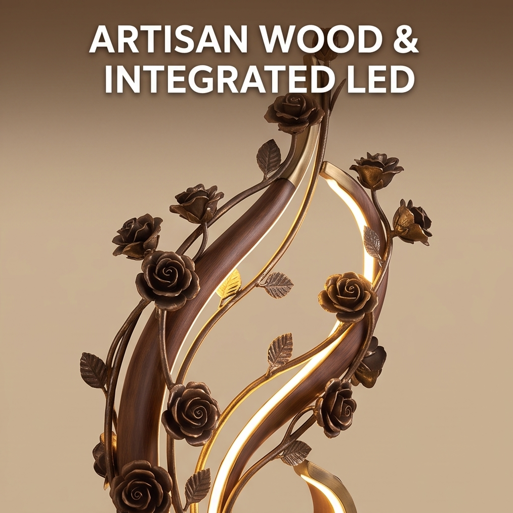 CASNELA rose vine sculptural LED table lamp lit in dim room showing full warm ambient glow from base to crown