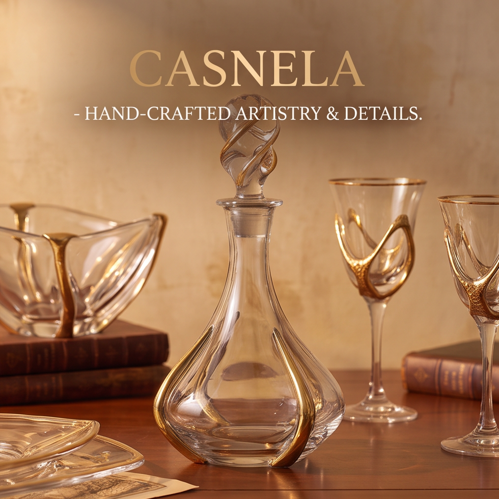 CASNELA crystal bowl and plate close-up showing organic golden accents detail — Organic Golden Accents