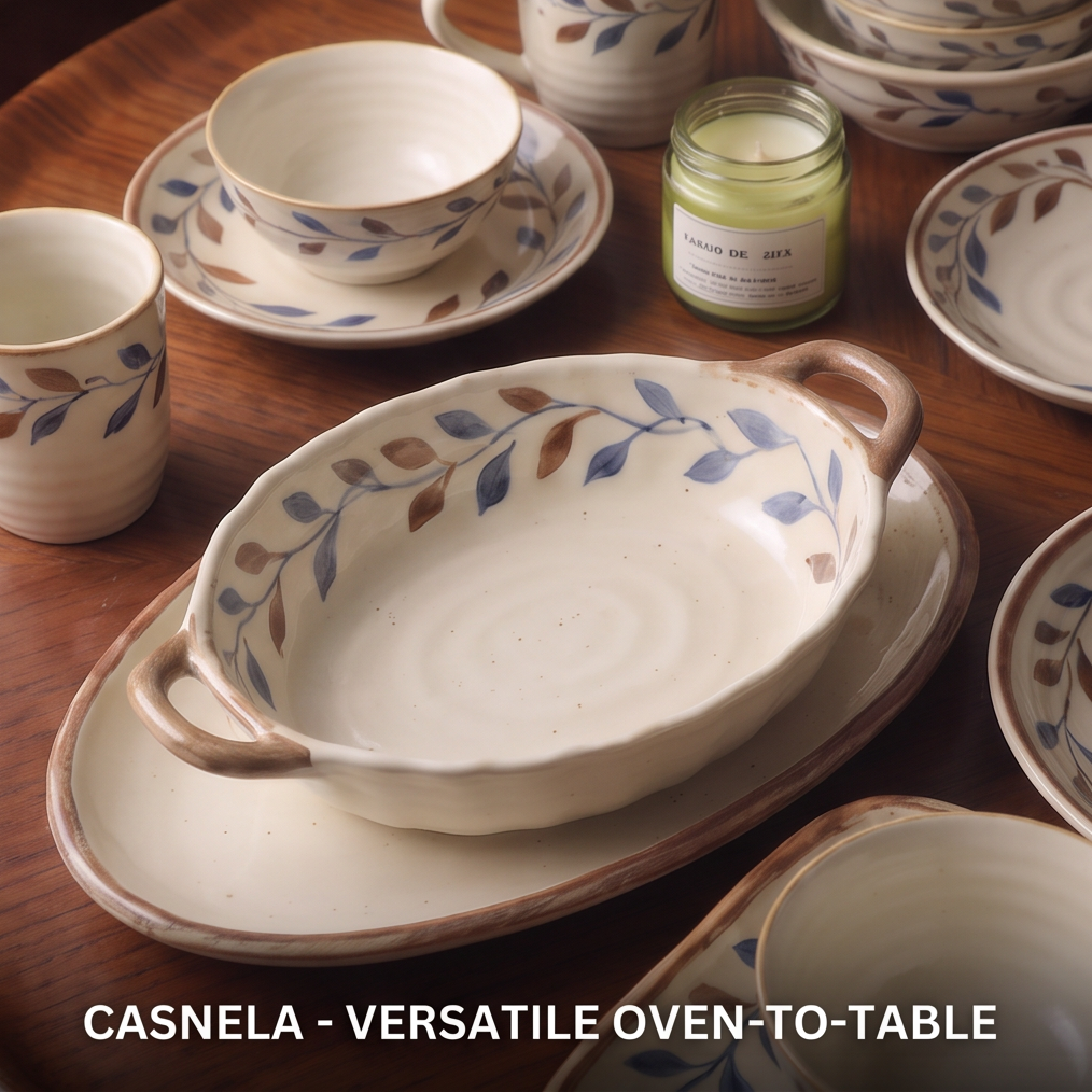 CASNELA durable stoneware built to last — round plate close-up with fork and spoon showing leaf wreath pattern and handmade texture