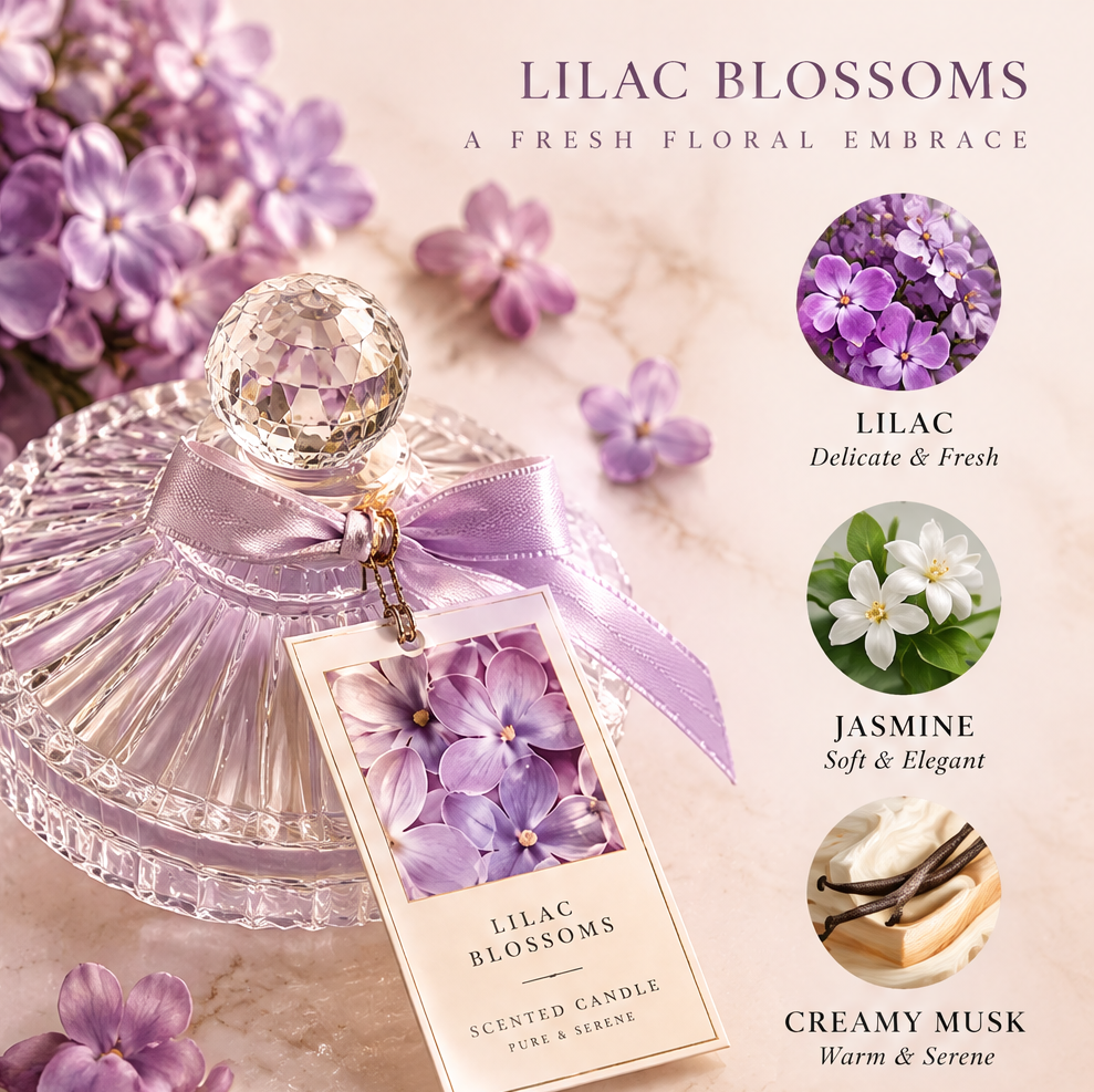 Lilac Blossoms Scented Candle – Crystal Glass Jar Candle with Lilac, Jasmine & Creamy Musk Fragrance