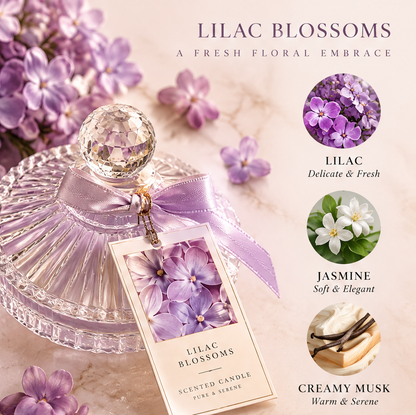 Lilac Blossoms Scented Candle – Crystal Glass Jar Candle with Lilac, Jasmine & Creamy Musk Fragrance