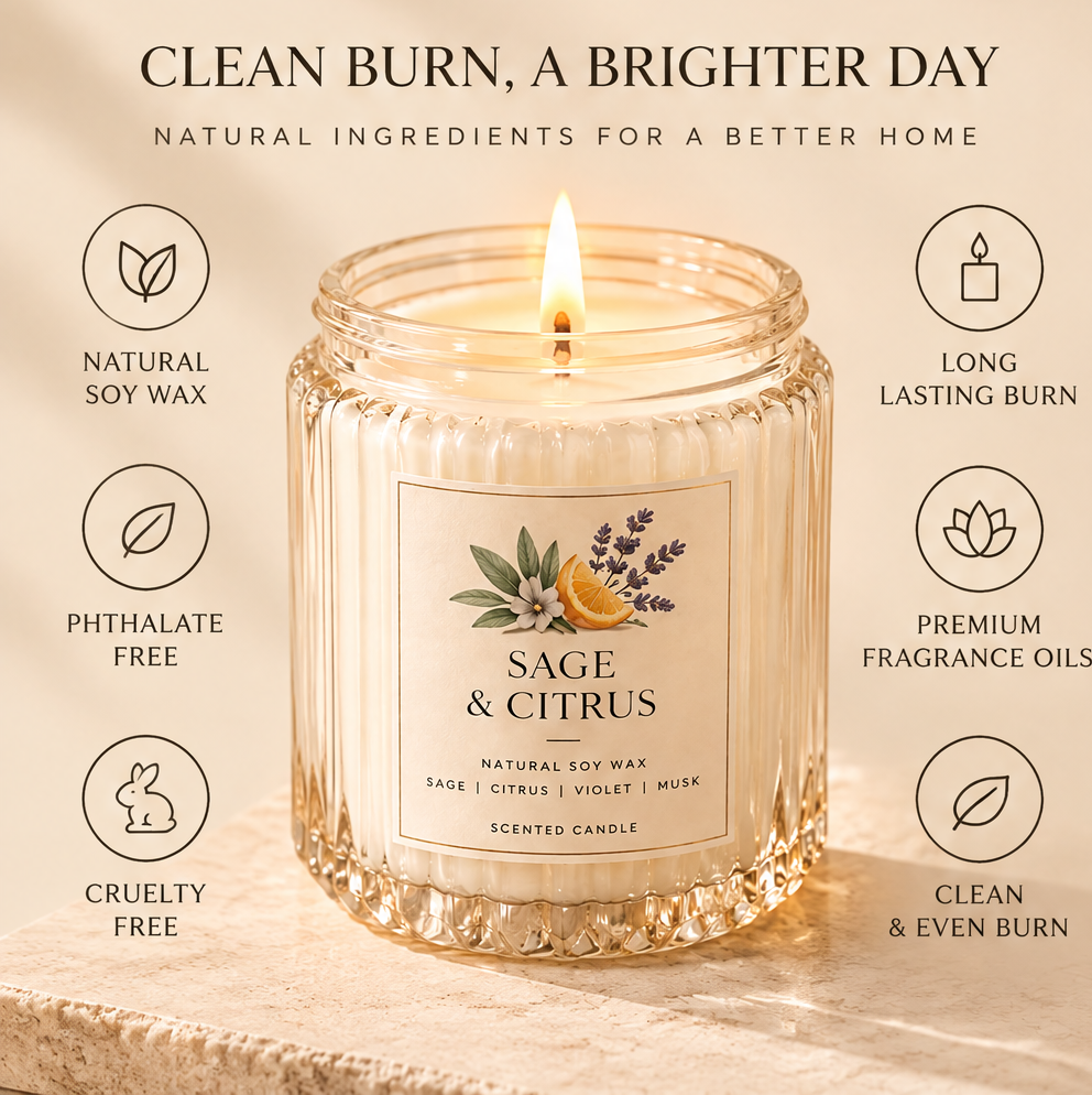 Sage & Citrus Scented Candle – Natural Soy Wax Glass Jar Candle with Fresh Citrus, Sage & Musk Fragrance