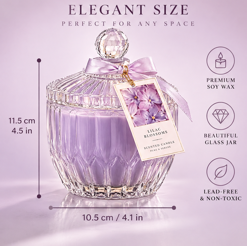 Lilac Blossoms Scented Candle – Crystal Glass Jar Candle with Lilac, Jasmine & Creamy Musk Fragrance