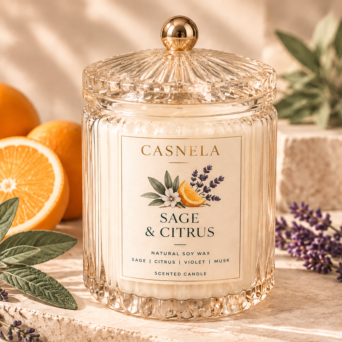 Sage & Citrus Scented Candle – Natural Soy Wax Glass Jar Candle with Fresh Citrus, Sage & Musk Fragrance