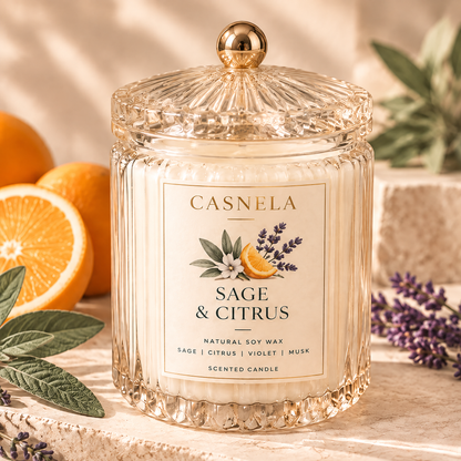 Sage & Citrus Scented Candle – Natural Soy Wax Glass Jar Candle with Fresh Citrus, Sage & Musk Fragrance