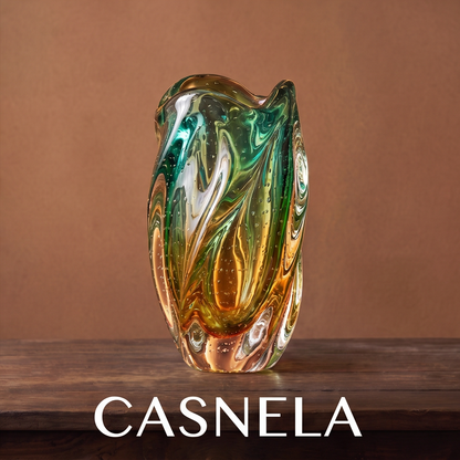 CASNELA swirling art glass vase with white flowers and green blooms — Vibrant Organic Design