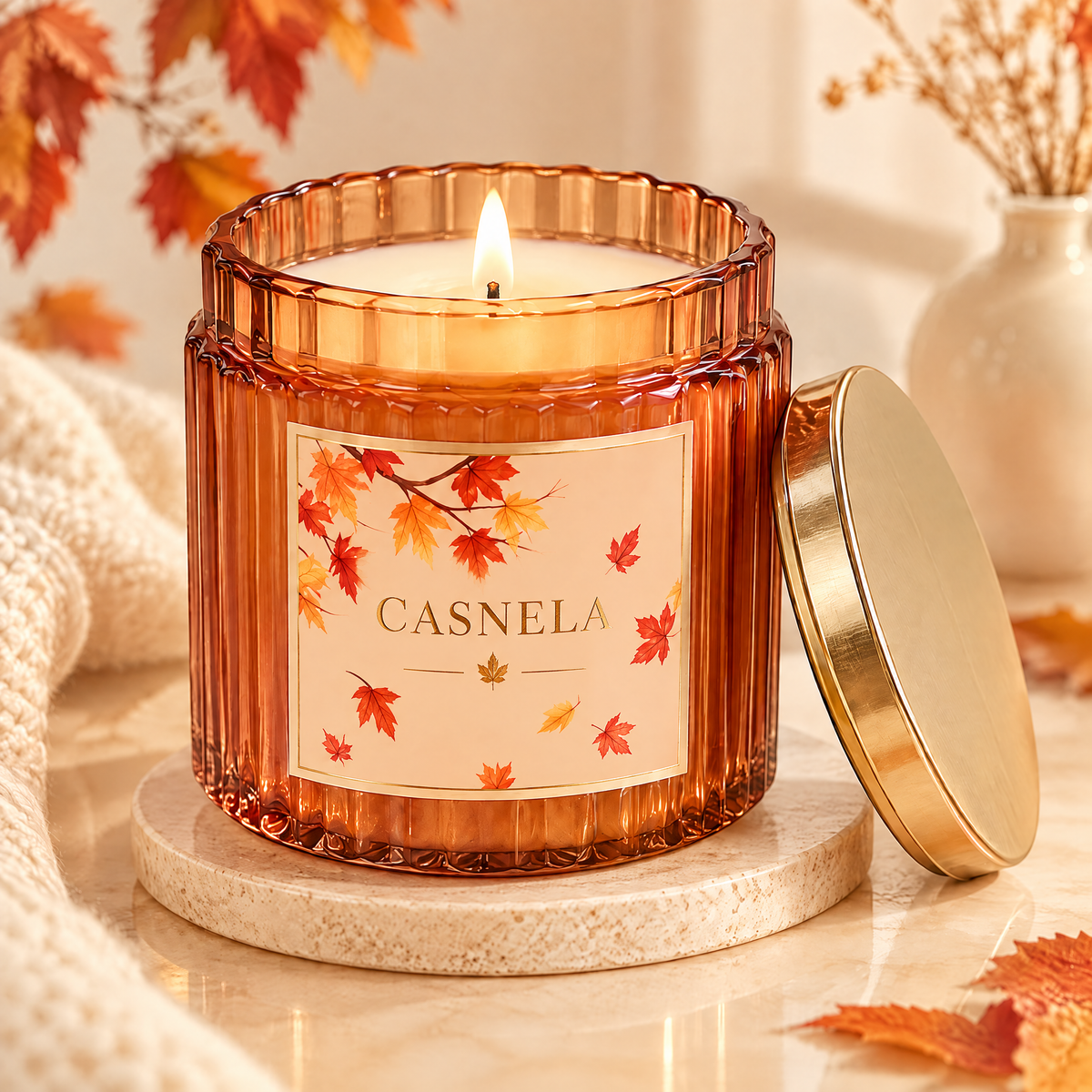 Cozy Fall Fragrance Candle – Amber Glass Jar Scented Candle with Cinnamon, Apple & Warm Woods Notes