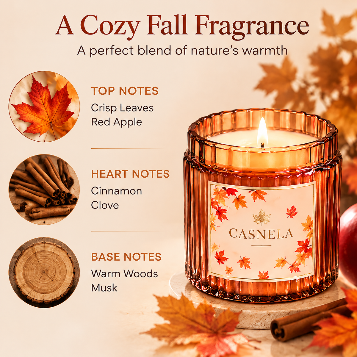 Cozy Fall Fragrance Candle – Amber Glass Jar Scented Candle with Cinnamon, Apple & Warm Woods Notes