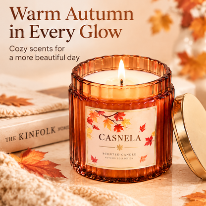 Cozy Fall Fragrance Candle – Amber Glass Jar Scented Candle with Cinnamon, Apple & Warm Woods Notes