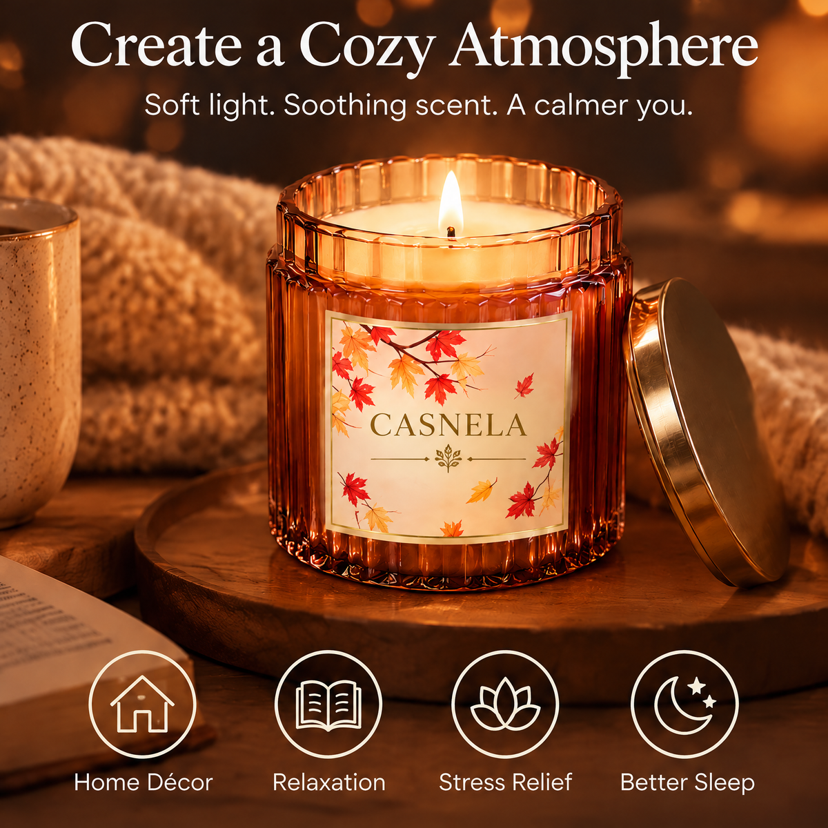 Cozy Fall Fragrance Candle – Amber Glass Jar Scented Candle with Cinnamon, Apple & Warm Woods Notes