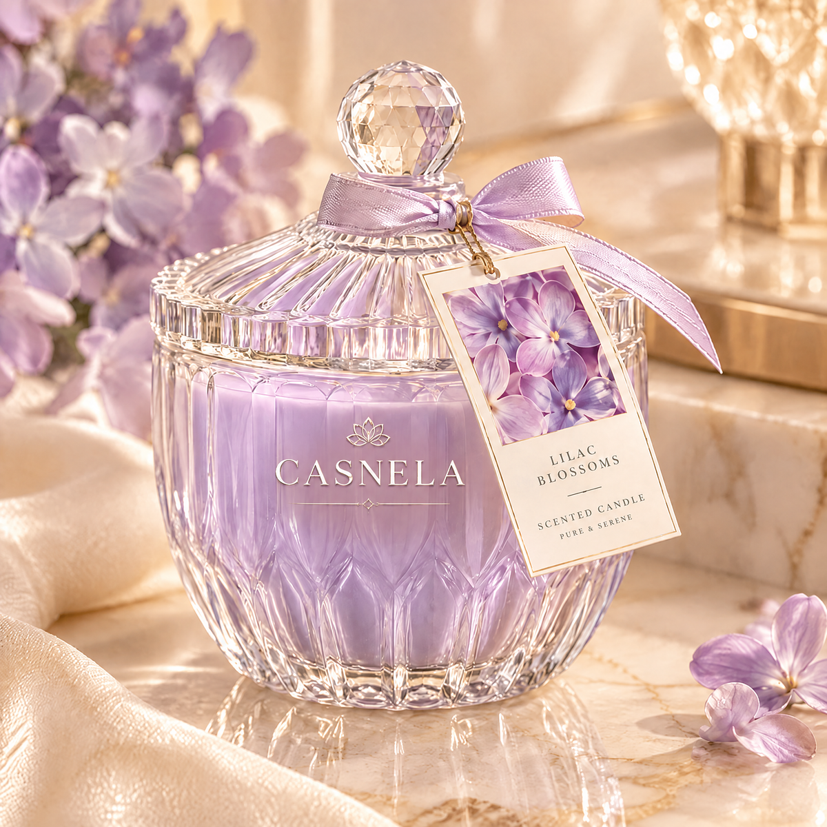 Lilac Blossoms Scented Candle – Crystal Glass Jar Candle with Lilac, Jasmine & Creamy Musk Fragrance