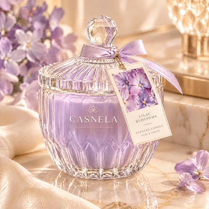 Lilac Blossoms Scented Candle – Crystal Glass Jar Candle with Lilac, Jasmine & Creamy Musk Fragrance