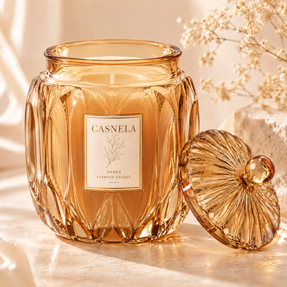 Premium Crystal Glass Scented Candle – Luxury Amber Glass Jar Candle for Elegant Home Fragrance & Décor