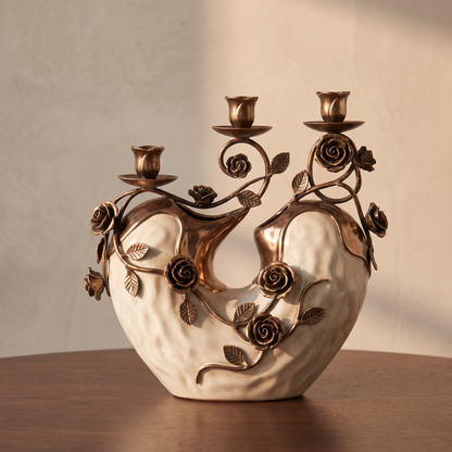 CASNELA elegant design ceramic & bronze fusion — full front view showing pearl white body and antique bronze rose vine crown