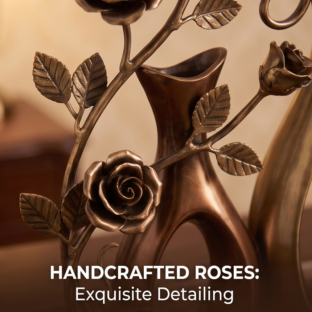 CASNELA handcrafted roses exquisite detailing — close-up of bronze rose bloom and trailing vine on vase body