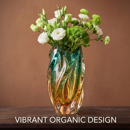 CASNELA swirling art glass vase detail — side profile on wood table