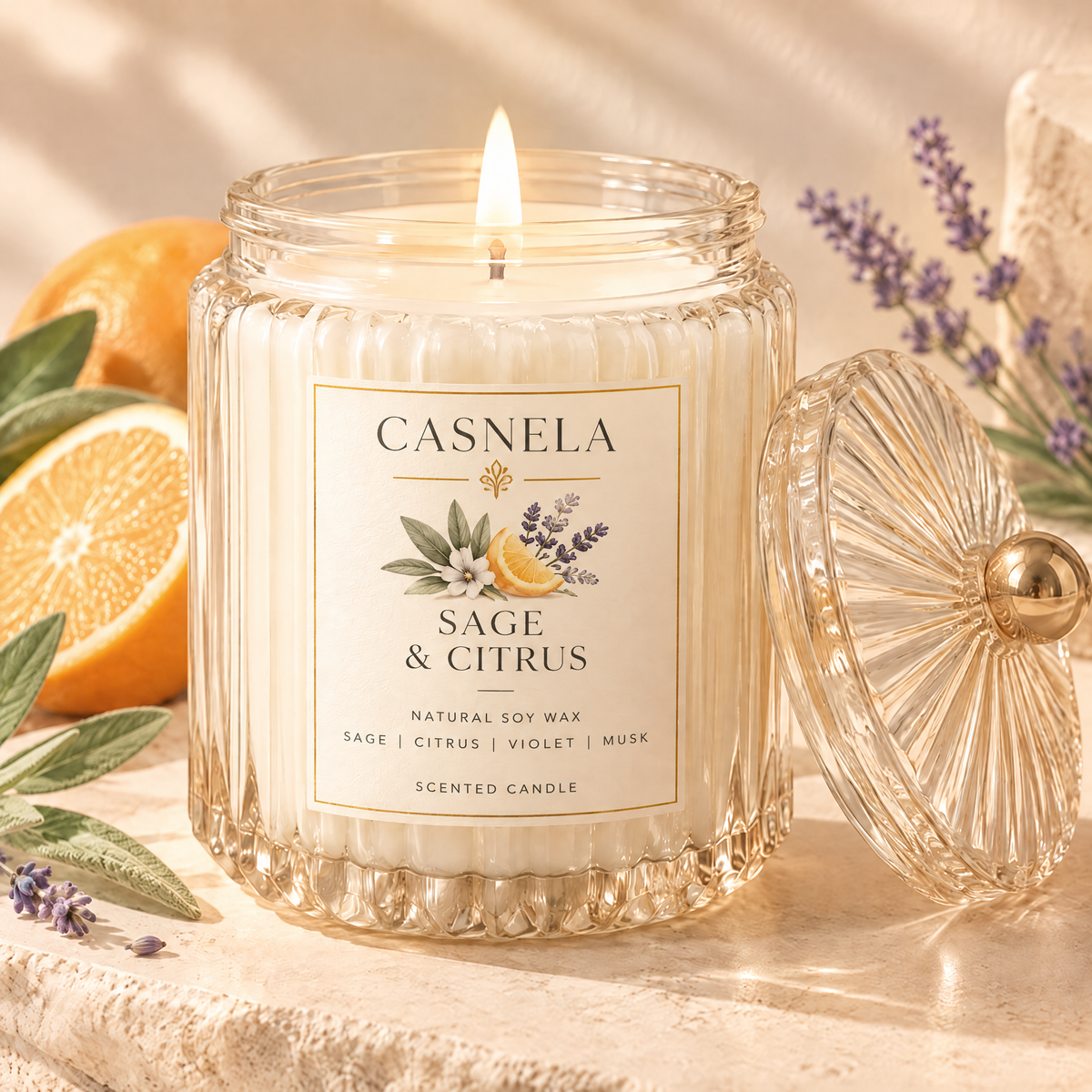Sage & Citrus Scented Candle – Natural Soy Wax Glass Jar Candle with Fresh Citrus, Sage & Musk Fragrance