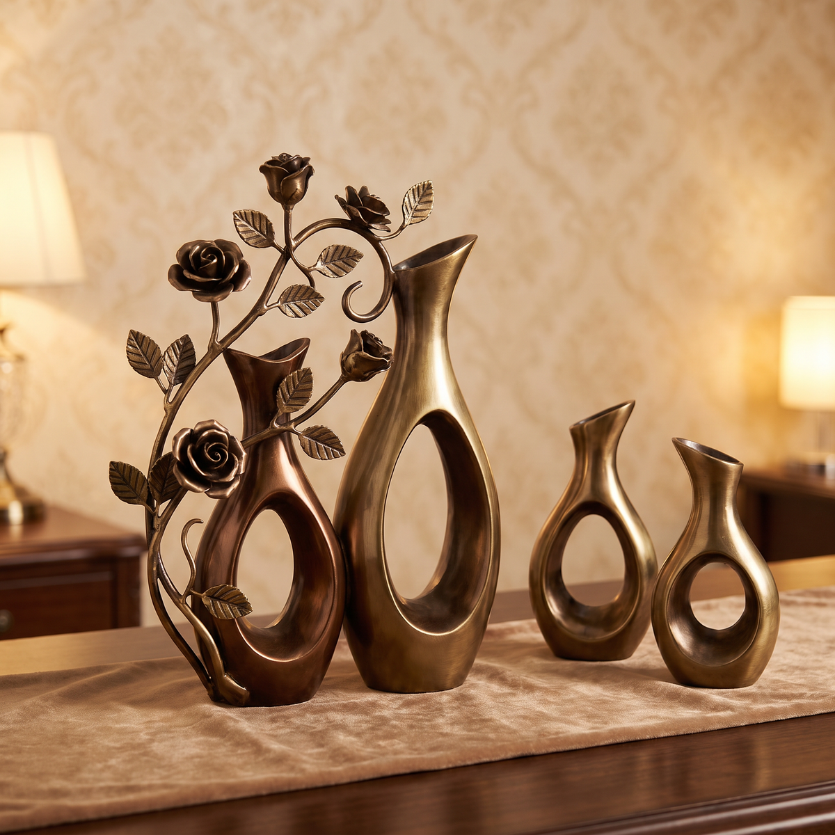 CASNELA sculptural hollow-out design — overhead close-up of two small bronze vases showing hollow teardrop and circular apertures