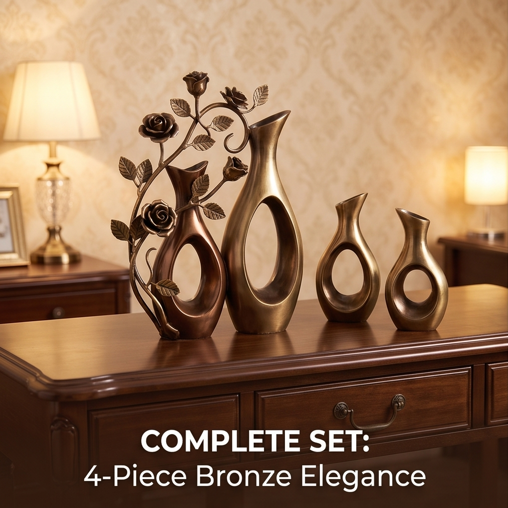 CASNELA 4-piece bronze vase set on velvet tablecloth with warm lamp background — Modern Sculptural Design, Timeless Decor