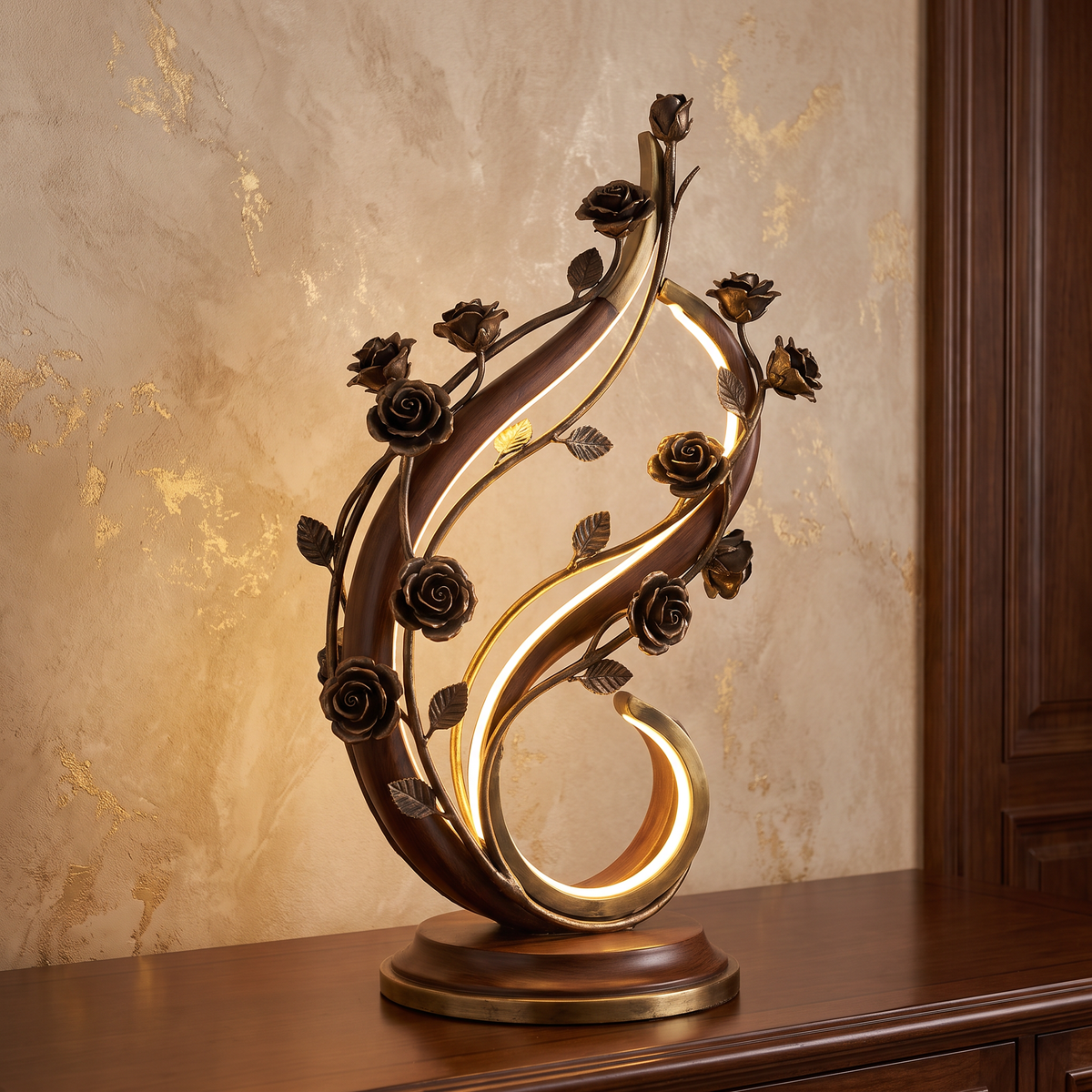 CASNELA artisan wood & integrated LED — close-up of bronze rose clusters and gold LED strip winding through vines