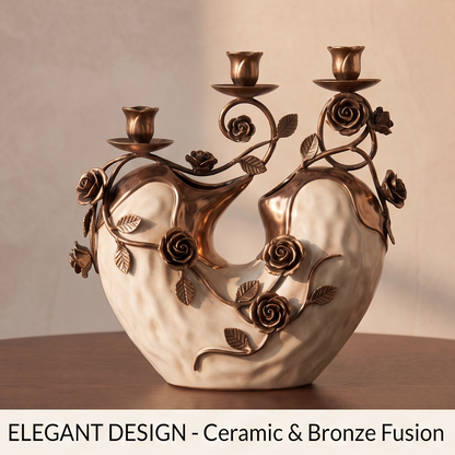 CASNELA rose vine ceramic bronze candelabra lit on dining table with wine glasses and tea lights — Romantic Ambiance, Perfect Centerpiece