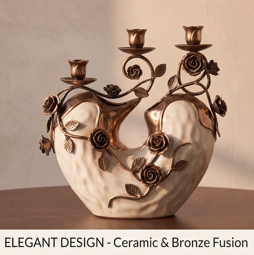 CASNELA rose vine ceramic bronze candelabra lit on dining table with wine glasses and tea lights — Romantic Ambiance, Perfect Centerpiece