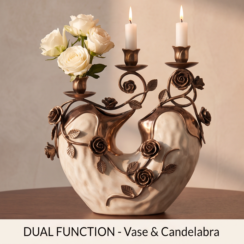 CASNELA exquisite details handcrafted bronze roses — close-up of candle cup, rose blooms, buds and leaves at crown