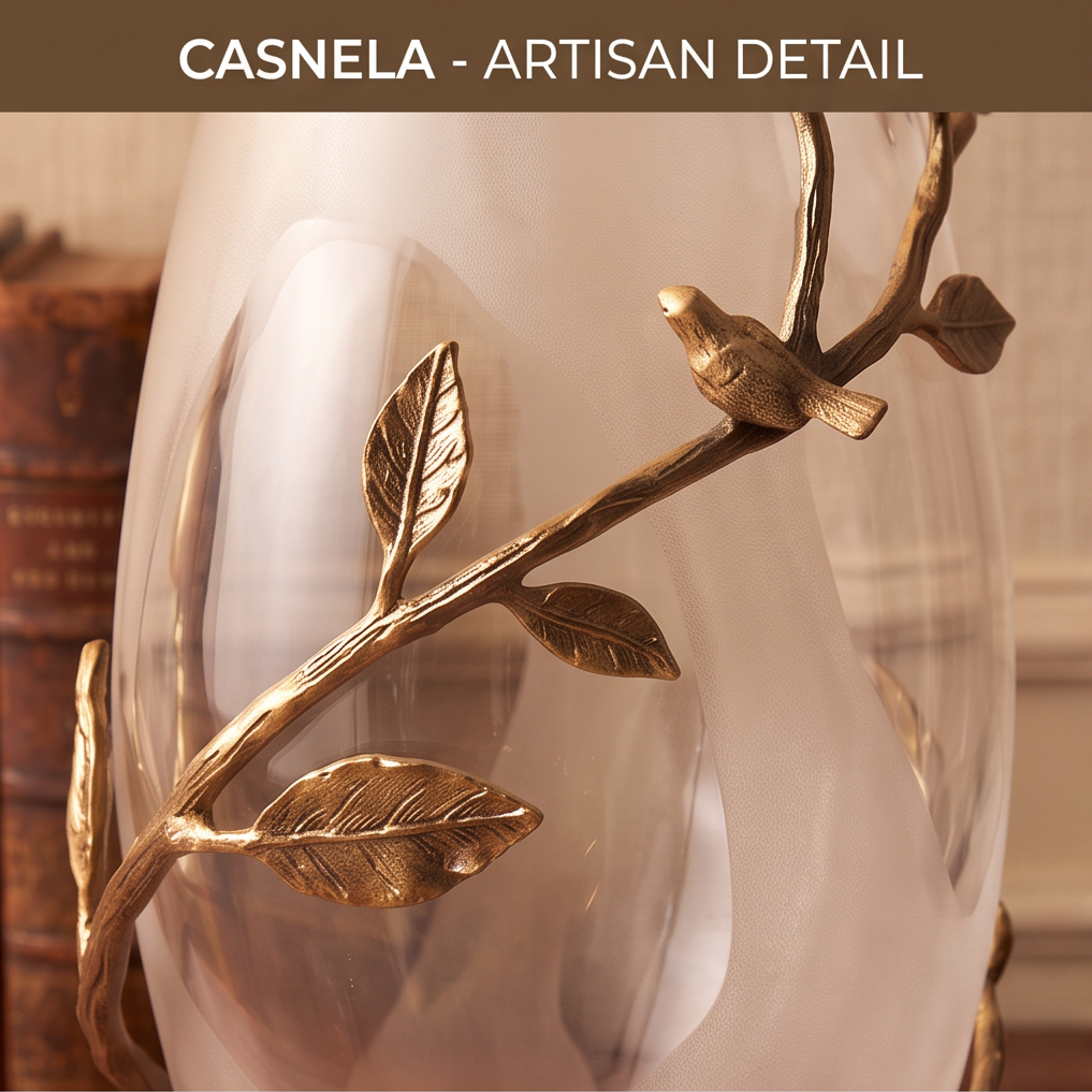 CASNELA vase close-up showing artisan detail — gold brass bird perched on branch with engraved leaves