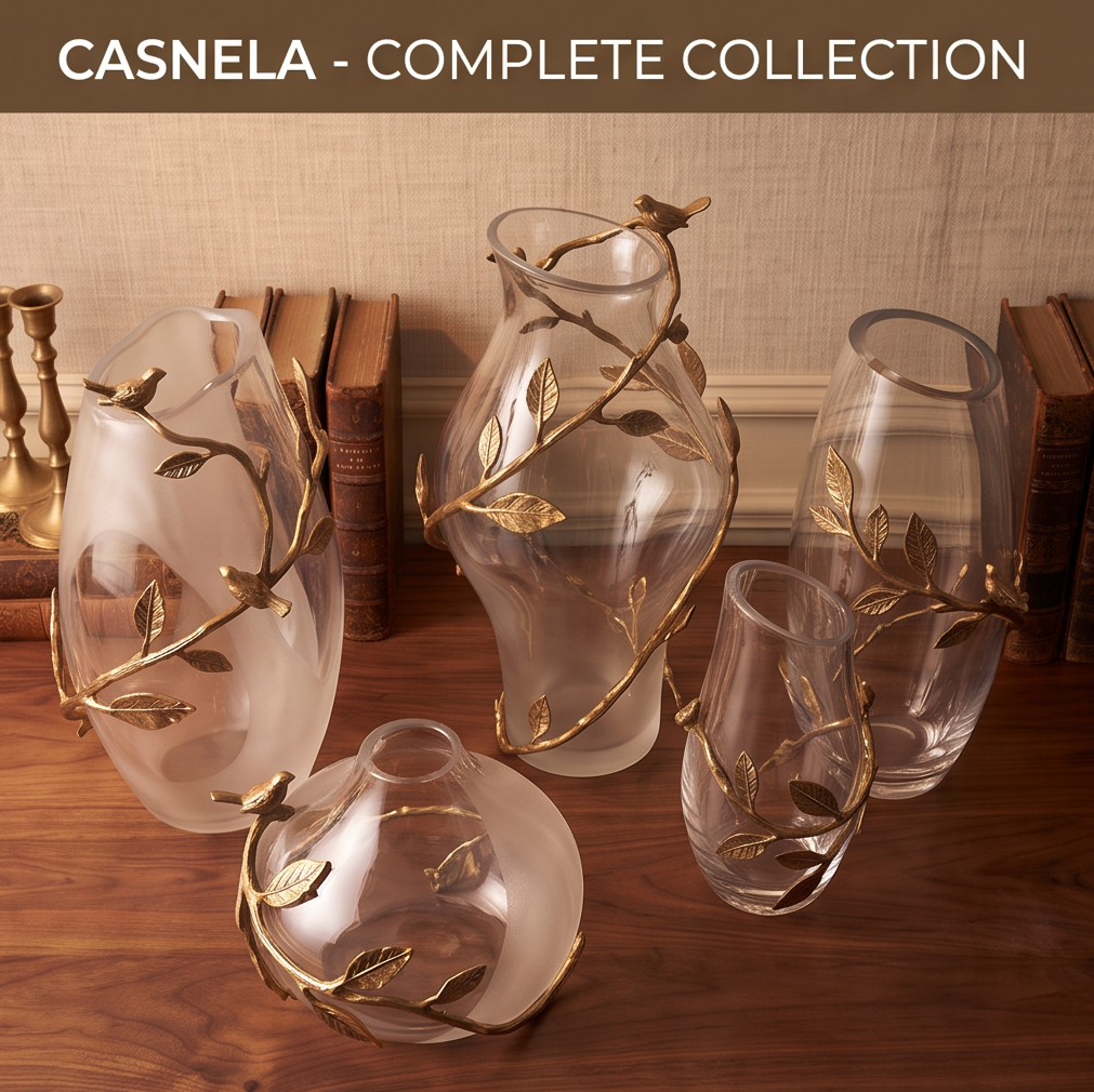 CASNELA vase top-down view showing unique organic forms — gold bird and branch ring encircling clear glass