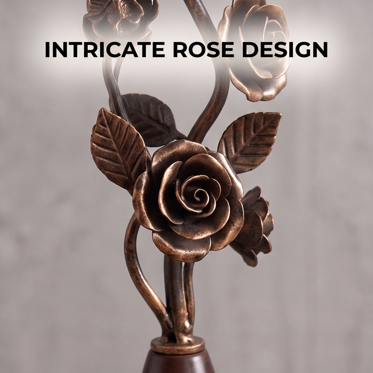 CASNELA handcrafted bronze roses — close-up of both candle holders lit with pillar candles showing full rose vine stem detail from base to cup