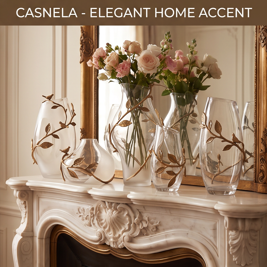CASNELA bird and branch glass vases styled on marble fireplace mantel with pink roses — Elegant Home Accent
