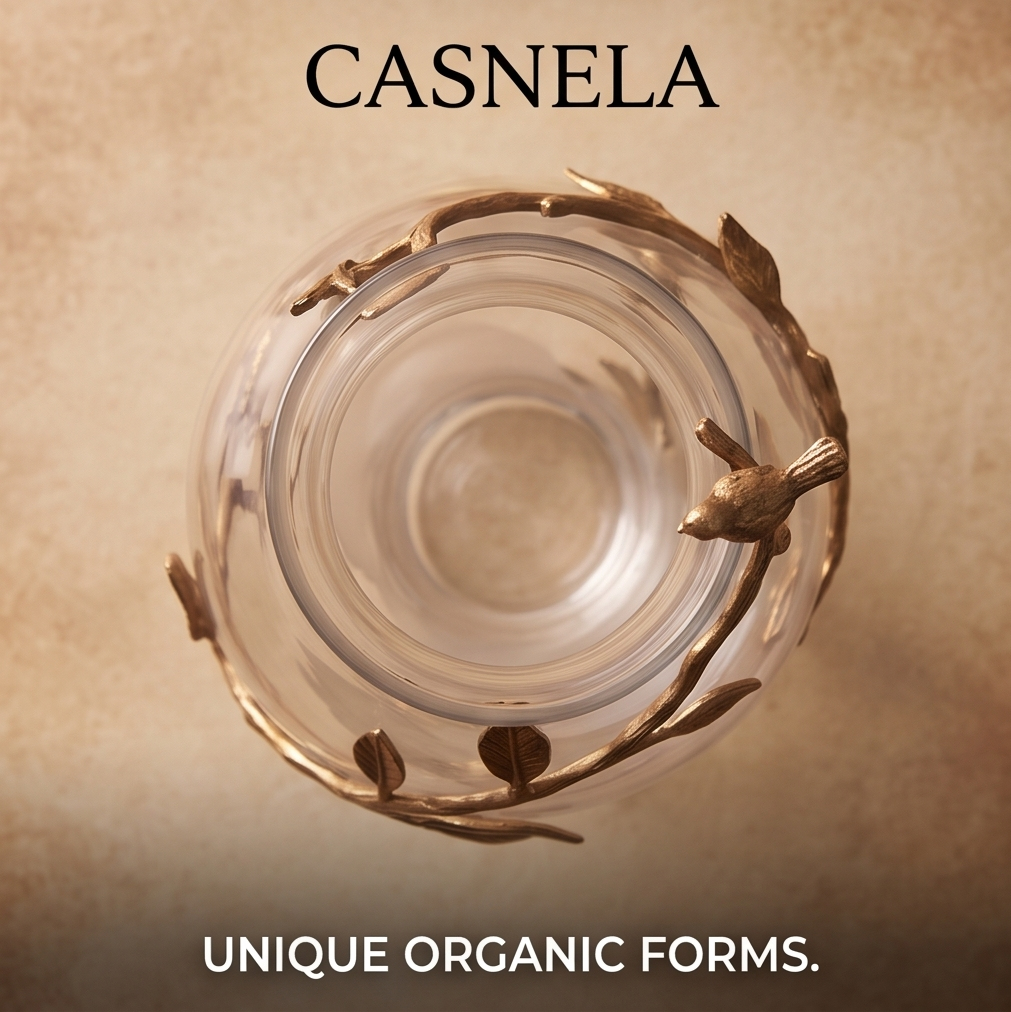 CASNELA vase neck detail showing exquisite handcrafted brass bird and branch details
