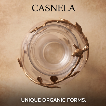 CASNELA vase neck detail showing exquisite handcrafted brass bird and branch details