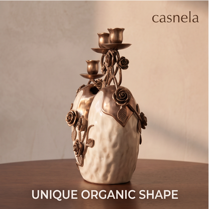 CASNELA rose vine candelabra full front view on walnut table showing unique organic shape and three candle arms