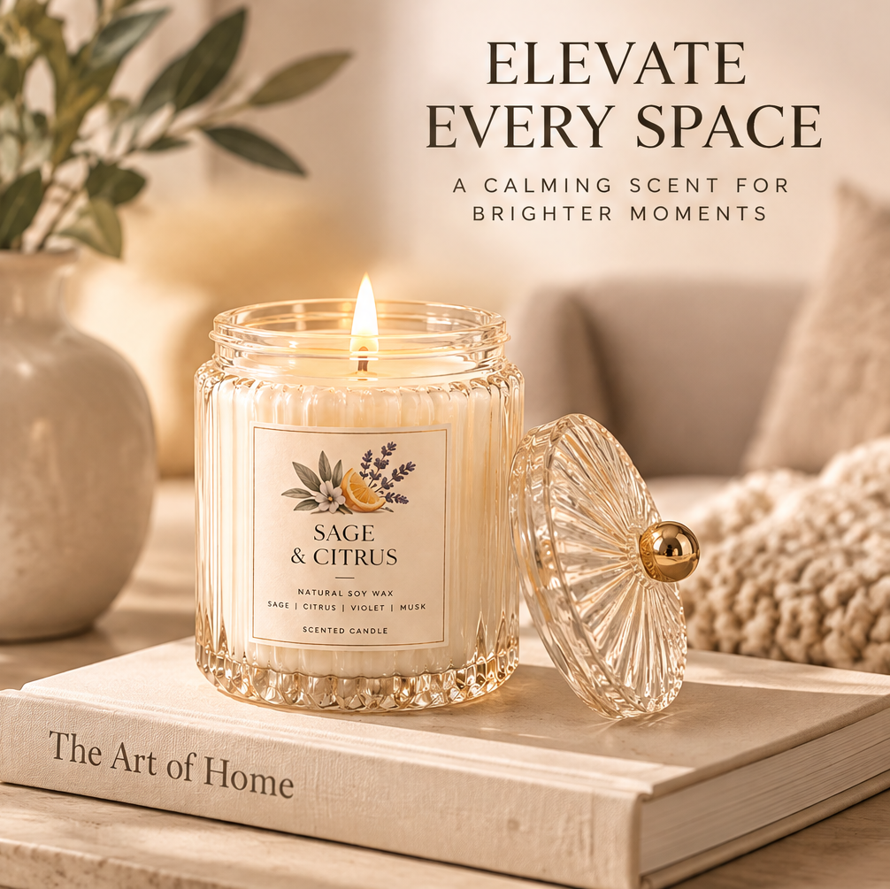 Sage & Citrus Scented Candle – Natural Soy Wax Glass Jar Candle with Fresh Citrus, Sage & Musk Fragrance