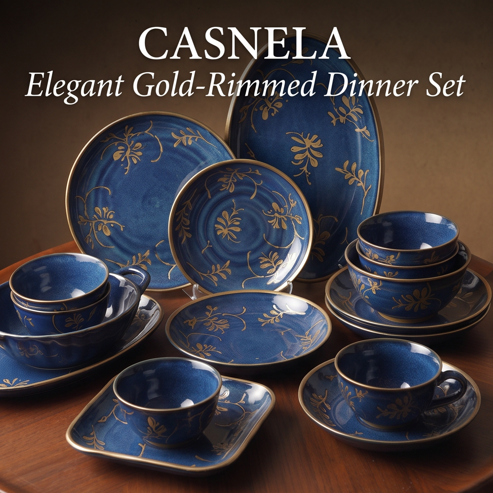 CASNELA navy gold floral ceramic dinner set on candlelit dining table with gold cutlery — Elegant Dining Experience