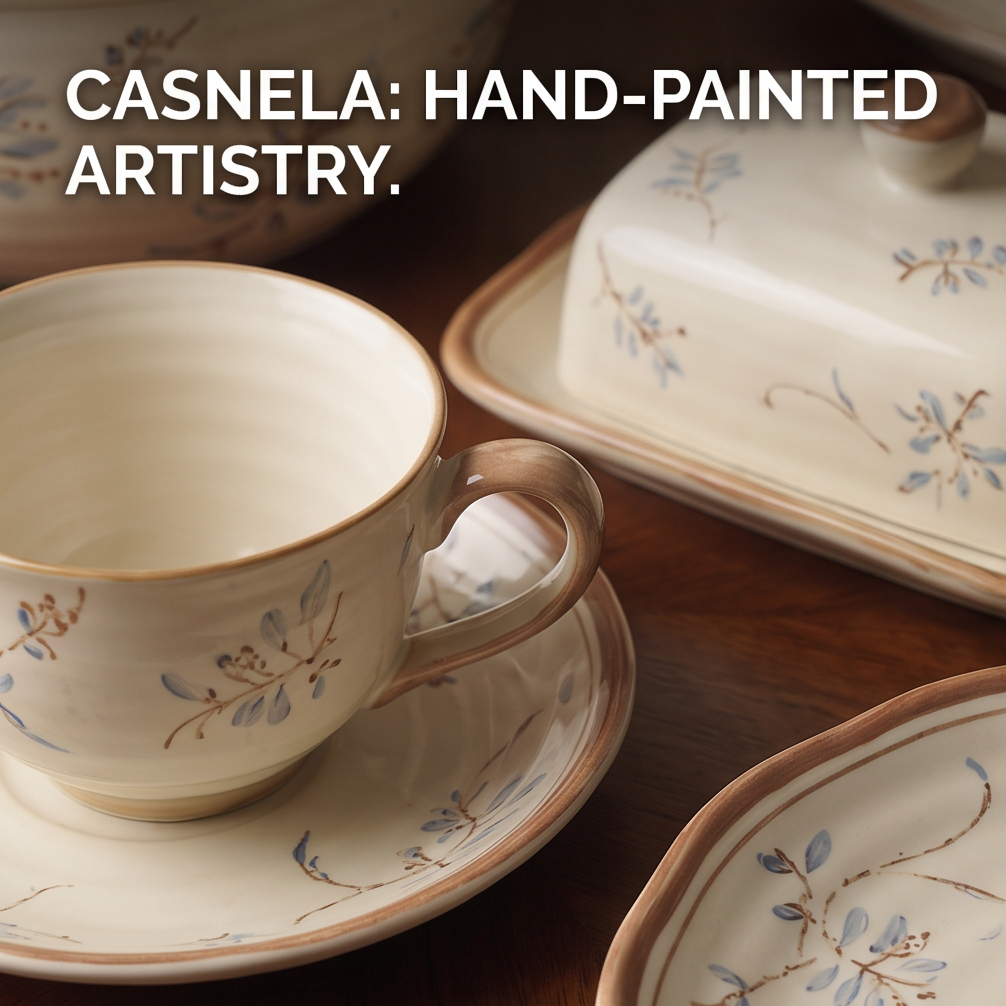 CASNELA botanical cream ceramic dining collection on dark walnut table with soup pot, teapot, plates and bowls — Elegant Everyday Dining