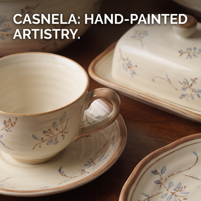CASNELA botanical cream ceramic dining collection on dark walnut table with soup pot, teapot, plates and bowls — Elegant Everyday Dining