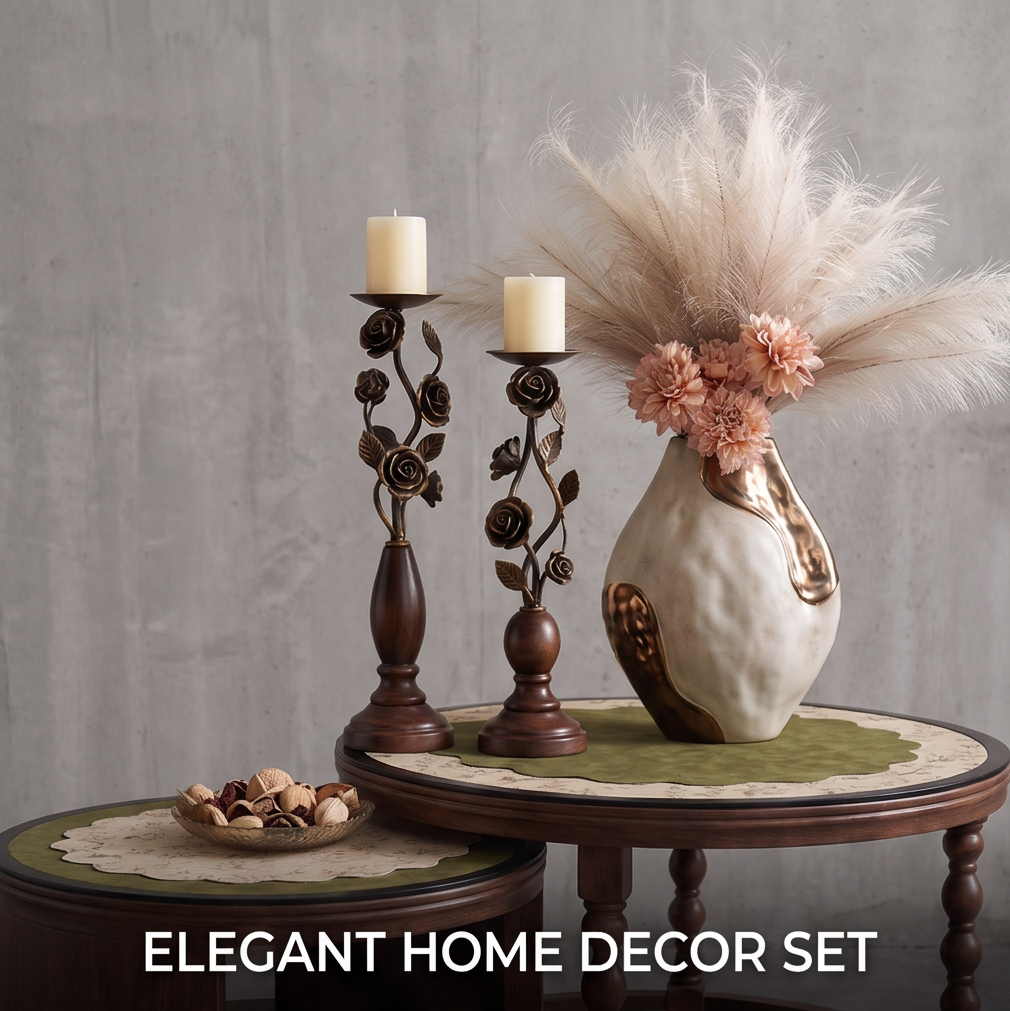 CASNELA rose vine candle holder pair and ceramic vase on dark console table lit by candlelight — Adds Sophistication to Any Decor