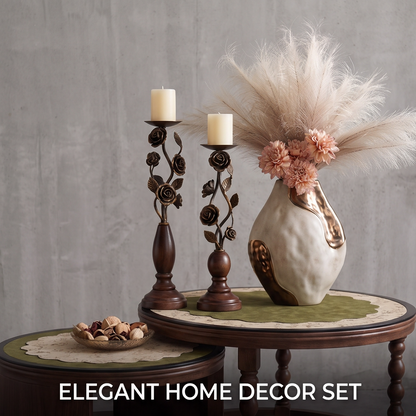 CASNELA rose vine candle holder pair and ceramic vase on dark console table lit by candlelight — Adds Sophistication to Any Decor