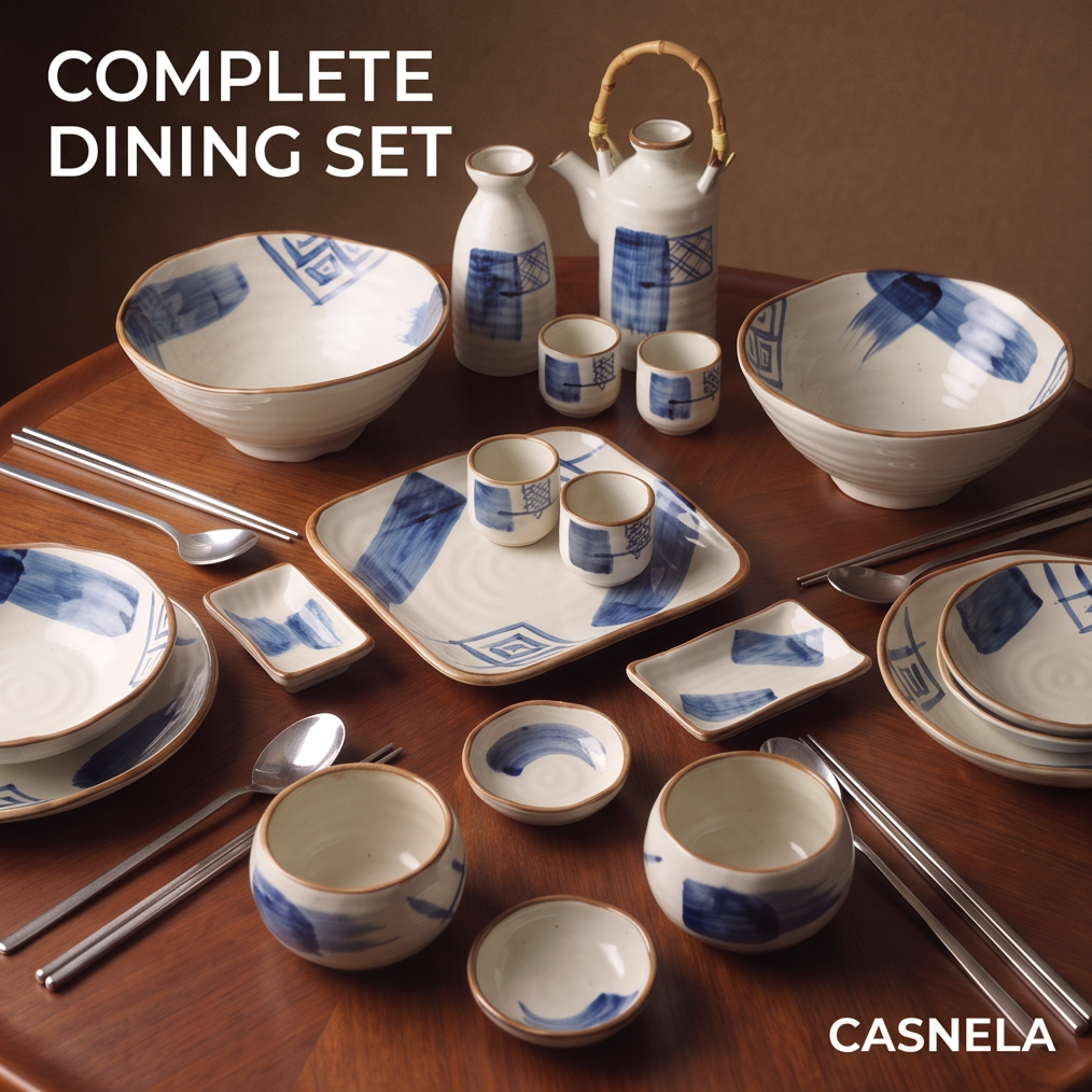 CASNELA complete blue ink stoneware dining set on walnut round table — Complete Dining Set full collection