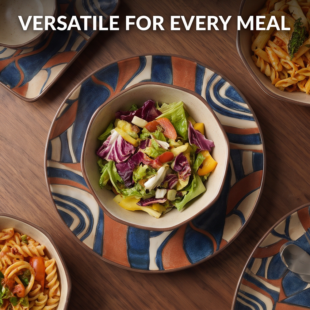 CASNELA complete abstract ceramic dinnerware collection — square plates, round plates, bowls, cups, saucers and serving tray