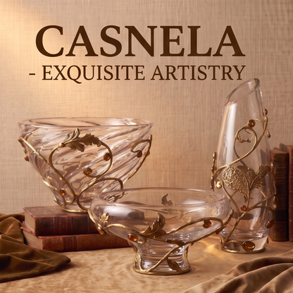 CASNELA gold vine glass bowl and vase set with vintage books — CASNELA Exquisite Artistry brand shot