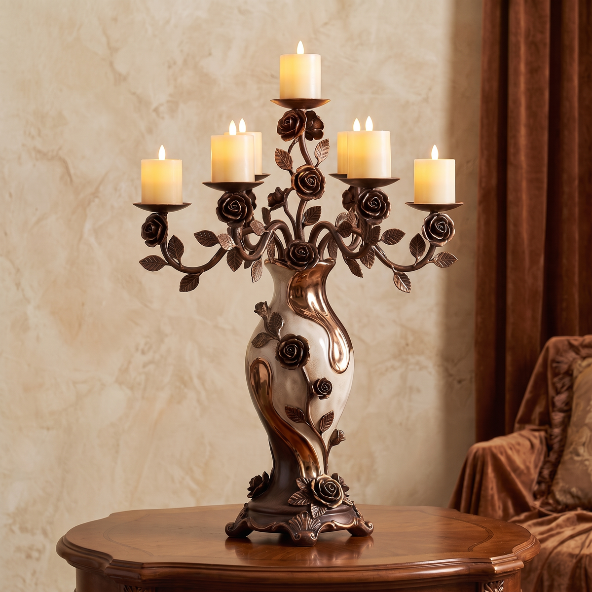 CASNELA grand rose vine candelabra overhead view showing 5 candle arms, bronze rose crown and pearl white vase body — Warm Ambiance