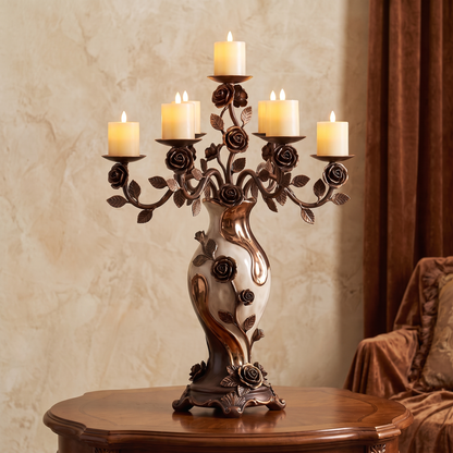 CASNELA grand rose vine candelabra overhead view showing 5 candle arms, bronze rose crown and pearl white vase body — Warm Ambiance