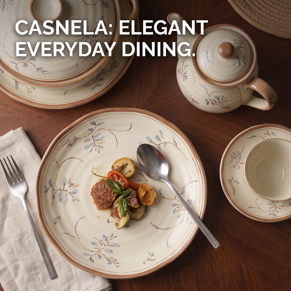 CASNELA hand-painted artistry — tea cup with saucer and butter dish showing delicate botanical detail — Hand-painted Artistry