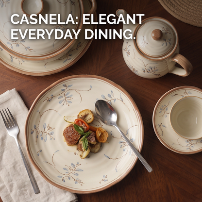 CASNELA hand-painted artistry — tea cup with saucer and butter dish showing delicate botanical detail — Hand-painted Artistry