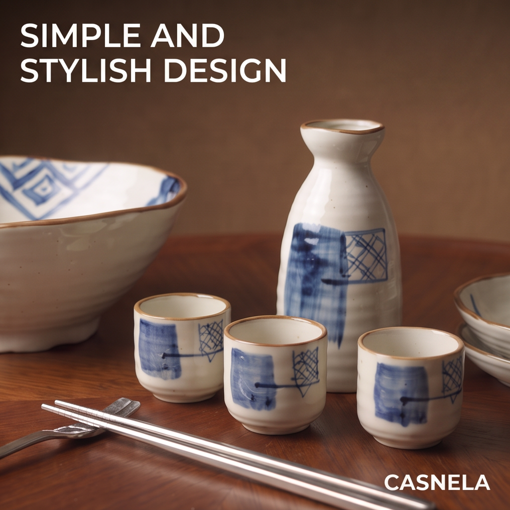 CASNELA blue ink square plate close-up on walnut table with small dishes and cups — Versatile & Elegant