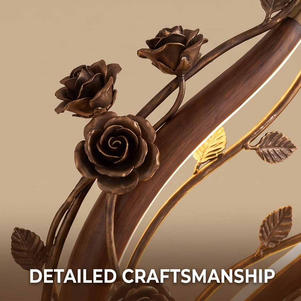 CASNELA unique ambient lighting statement — overhead view of glowing LED ring base with rose and leaf detail