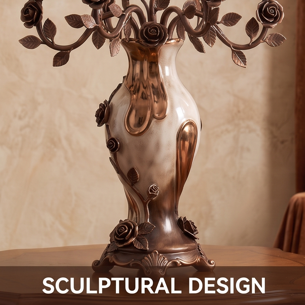 CASNELA sculptural design — lower body close-up showing pearl white and antique bronze dual-tone finish with rose vine climbing the waist